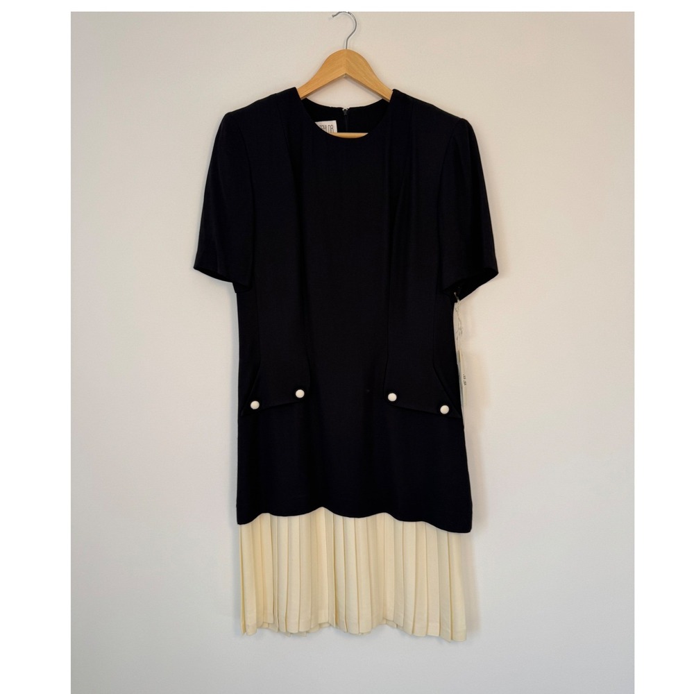 Vintage‎ Deadstock Julian Taylor Drop Waist Pleated Dress Women 10 Black Cream